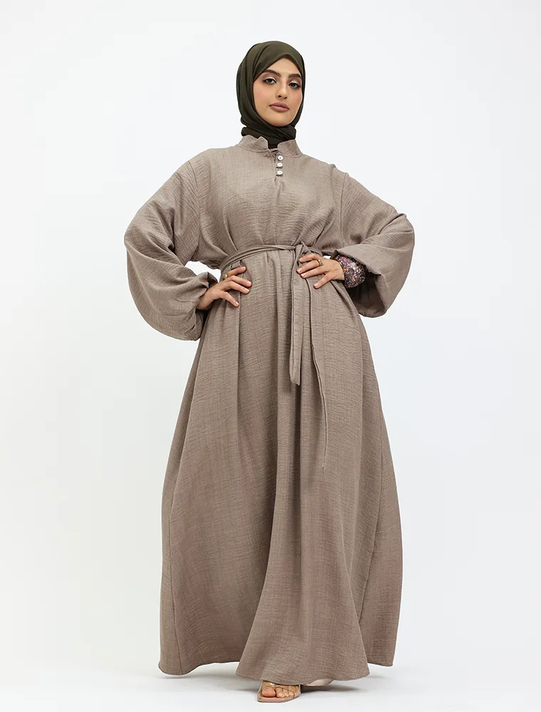 Mocha Linen Feel Nehru Collar Maxi